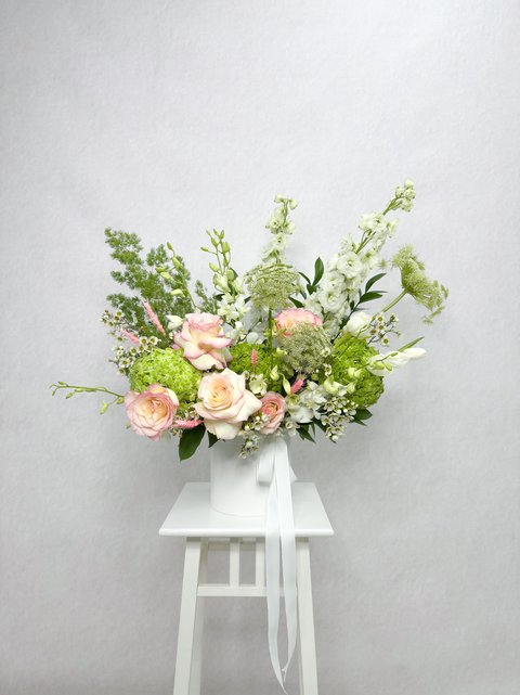 White orchid wedding flower box arrangement